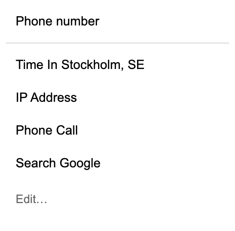 The Marklettes popup listing Phone number, Time In Stockholm, IP Address, Phone Call and Search Google
